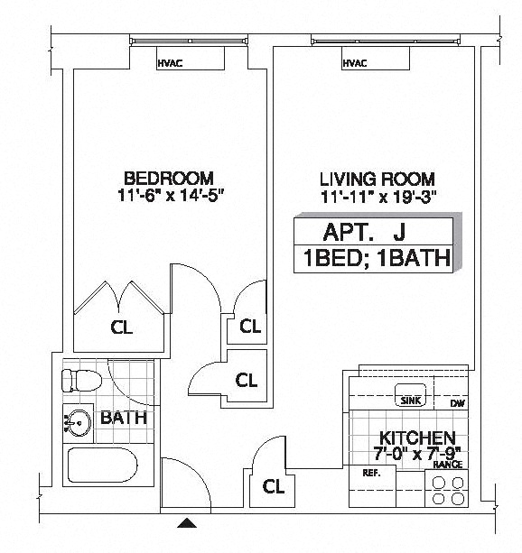 Floor plan for 1 bed, 1 bath, 711 sqft